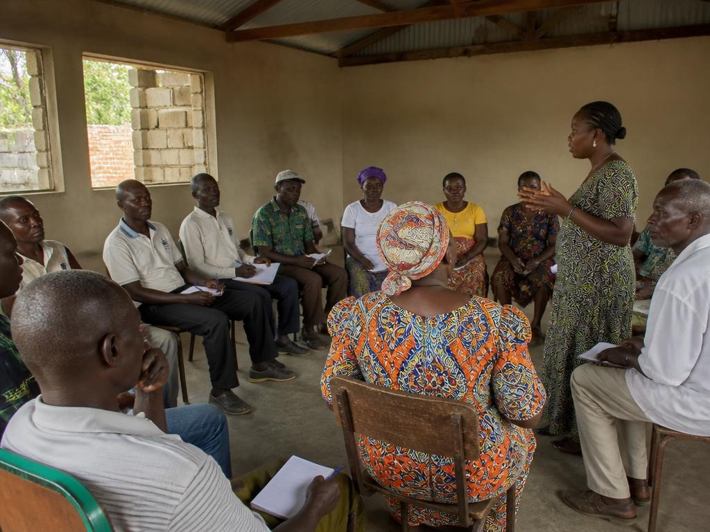 A community meeting in a village hall, participants seated in a semicircle taking notes